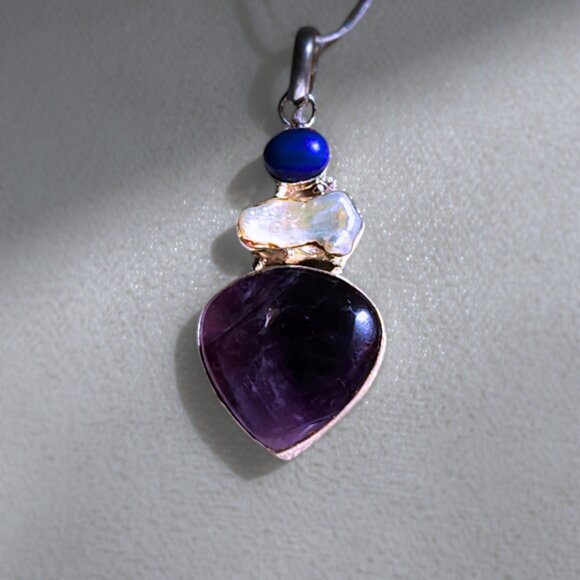 Natural Lapis Keshi Pearl & Amethyst ARTISAN Pendant 925 Sterling Silver Chain - Picture 8 of 8